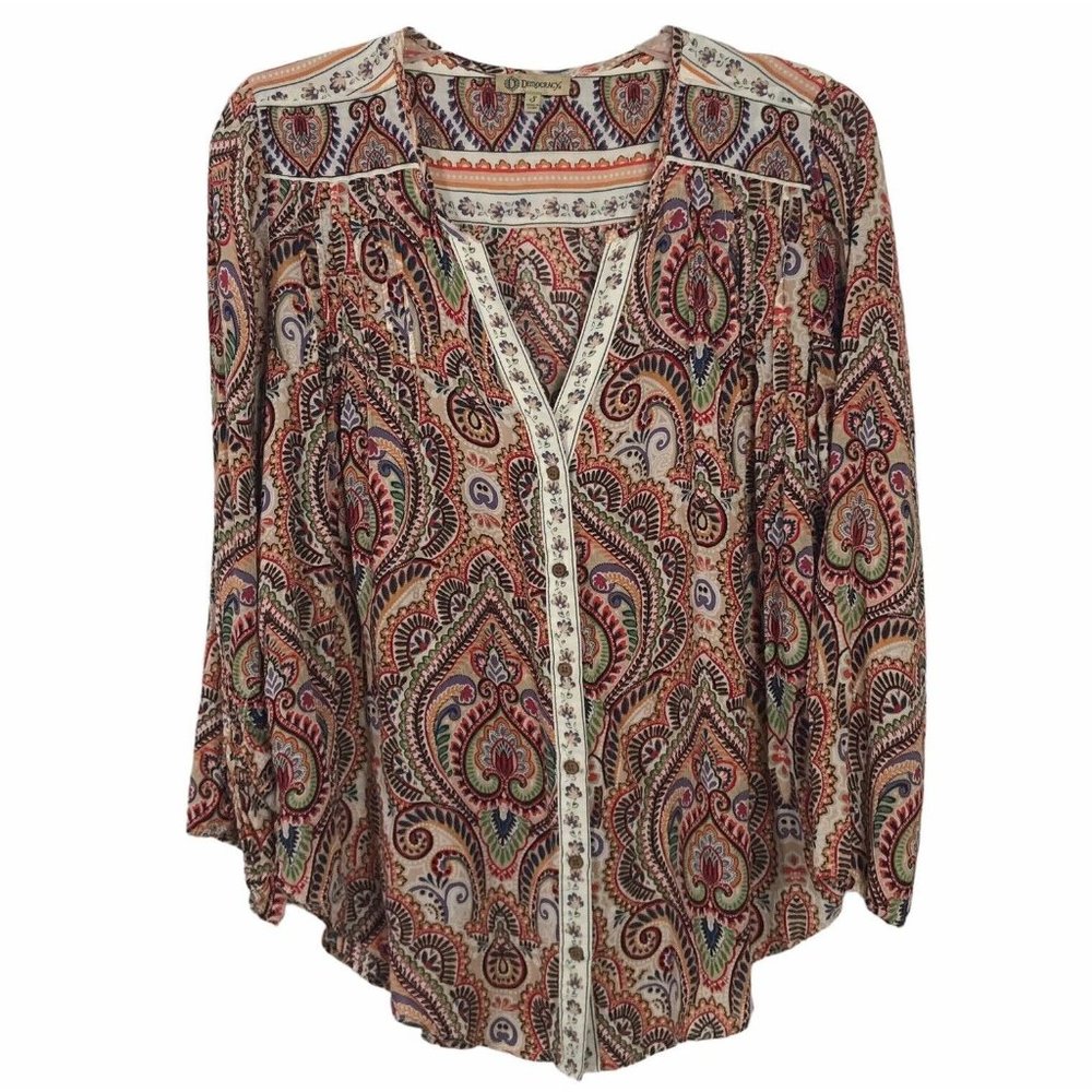 Democracy Size S Smocked Button Up Top 3/4 Sleeve Paisley Orange Yellow Cream